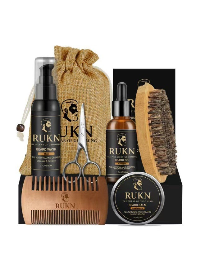 RUKN Premium Beard Grooming Kit for Men – Complete Beard Care Set with Beard Wash, Beard Oil, Beard Balm, Wooden Comb, Boar Bristle Brush & Scissors | Luxury Gift Set for Men - Image 1